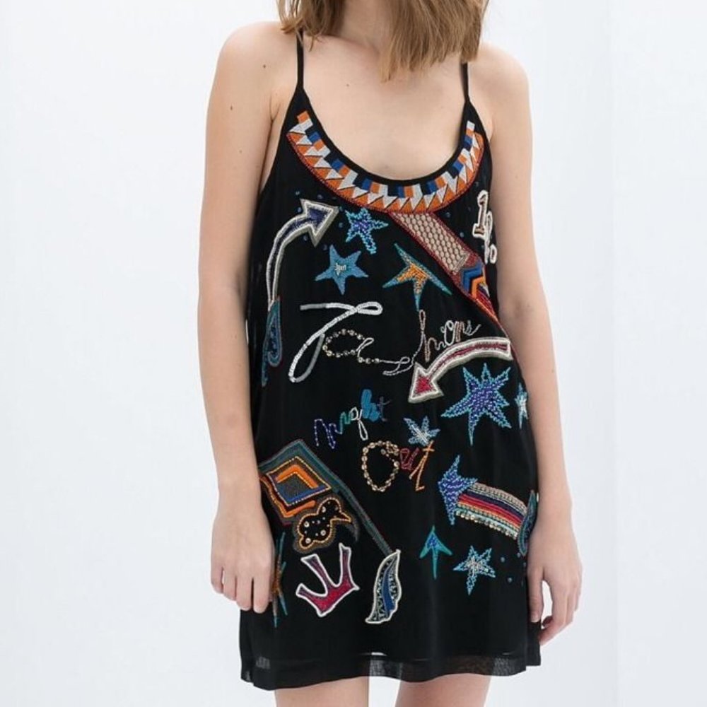 Zara Beaded Embroidered Red Green Dress Dress - Picture 3 of 7